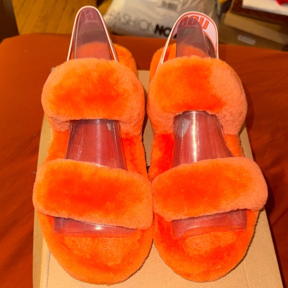 UGG Orange Furry Sandals with Clear Straps